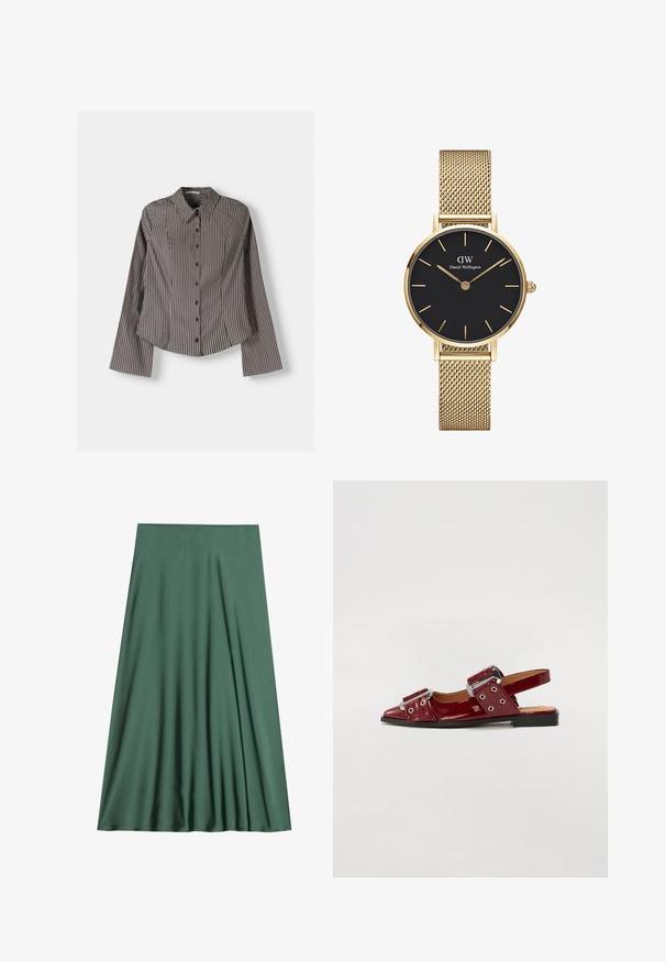 Pruhovaná košeľa s gombíkmi v hnedej a bielej farbe, so zapínaním na dlhé rukávy, špicatým golierom a zakriveným spodným lemom. Textúrovaná tkanina s vertikálnymi pruhmi.; Zelená midi sukňa vyrobená z hladkej, ľahkej tkaniny. Má prúžkový dizajn s nariasením, bez viditeľných zapínaní alebo vzorov.; Burgundské lakované sandále s špičatou špičkou, ktoré majú dva nastaviteľné pracky a akcenty zo strieborného kovu.; Zlaté hodinky na mrežovom remienku s čiernym okrúhlym ciferníkom, minimalistickými indexmi a striebornou korunou; obsahujú logo na pozícii 12 hodín.