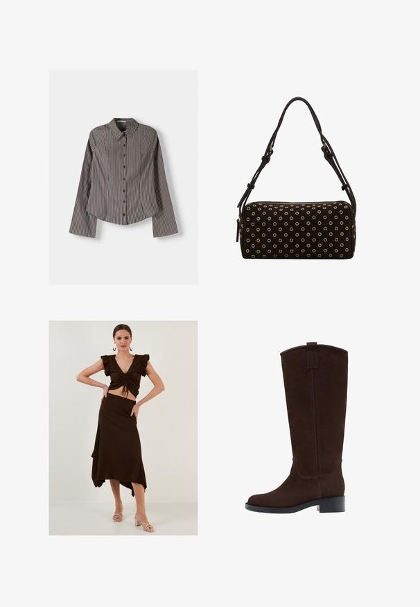 Pruhovaná košile na knoflíky hnědé a bílé barvy, s dlouhými rukávy, špičatým límcem a zakřiveným lemem. Texturovaná látka s vertikálními pruhy.; Hnědý žebrovaný souprava se skládá z croptopu s volánovými rukávy a asymetrické sukně s vysokým pasem. Hladký materiál, přiléhavý design.; Hnědé semišové vysoké kozačky s kulatou špičkou, jemným prošíváním a nízkým blokovým podpatkem; mají poutko na vrchu pro snadné oblékání.; Černá obdélníková kabelka přes rameno se zlatými kovovými nýty a nastavitelnými dvojitými popruhy, zipové uzavírání nahoře.