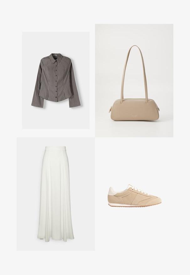 Stribet skjorte i brun og hvid med lange ærmer, spids krave og buet kant. Struktureret stof med lodrette striber.; Hvid, gulvlange nederdel med en glat, flydende tekstur, der har en tætsiddende høj talje og ingen synlige mønstre eller udsmykninger.; Stradivarius Sneakers - beige; Beige læderhåndtaske med en glat tekstur, rektangulær form, to håndtag og hardware i guld-tone. Har en lynlåslukning på den ene side.