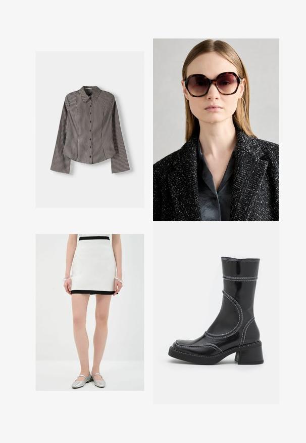 Raitapaita ruskeana ja valkoisena, jossa on pitkät hihat, terävä kaulus ja kaareva helma. Rakenteellinen kangas, jossa on pystyraidat.; Valkoinen minihame mustalla helmalla, valmistettu sileästä materiaalista. Mallilla on päällään hopeiset ballerinat ja läpinäkyvä rannekoru yhdessä ranteessa.; Musta lakattu nahkasaapas nilkkamallissa, jossa on valkoiset ompeleet, pyöreä kärki ja lohkarekorko. Ominaisuuksiin kuuluvat kaarevat muotoilulinjat ja sileä pinta.; Yli suurilla kilpikonnakuosisilla aurinkolaseilla, joissa on gradienttilinssit, mustassa paksussa kehykssä, yhdistettynä tumman tekstuuriin takkiin ja silkki-blouseen.
