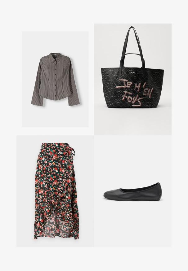 Prugasta srajca z gumbi v rjavi in beli barvi, z dolgimi rokavi, koničastim ovratnikom in ukrivljenim robom. Teksturovana tkanina z navpičnimi črtami.; Cvečni zavojni krilo z black ozadjem, rdečimi in roza cvetovi, volanastim robom, nastavljivo vrvico v pasu in lahkotno tkanino.; Črne usnjene balerinke z zaobljenim nosom, gladko teksturo, minimalnimi šivi in fleksibilno zasnovo podplata.; Črna torba z ramenskimi trakovi, izdelana iz teksturiranega materiala z diamantom vzorcem, ter drznim rdečim in belim besedilom "JE M'EN FOUS."