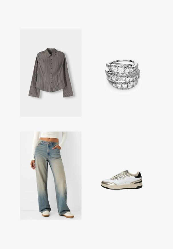 Camicia a righe marrone e bianca, con maniche lunghe, colletto a punta e orlo curvo. Tessuto texturizzato con righe verticali.; Jeans in denim ampio di colore azzurro chiaro, con una finitura consumata. Design a vita alta con tasche e chiusura a bottone. Indossati con sneakers bianche.; Sneaker bianco e oro con accenti neri, caratterizzato da pelle liscia, punta rotonda, design con lacci e suola in gomma testurizzata.; Tre anelli intrecciati in argento lucido, con numerosi diamanti a taglio squadrato incassati in un'impostazione a punte.