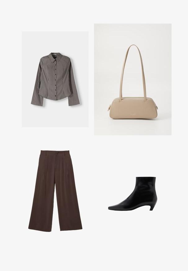 Pruhovaná košile na knoflíky hnědé a bílé barvy, s dlouhými rukávy, špičatým límcem a zakřiveným lemem. Texturovaná látka s vertikálními pruhy.; Široké kalhoty z tmavě hnědé látky, které mají dva přední sklady, hladkou texturu a jednoduchý design s poutky na opasek.; Černá kožená kotníková bota s špičatou špičkou, středně vysokým podpatkem, hladkou texturou a elegantním, minimalistickým designem.; Béžová kožená kabelka s hladkým povrchem, obdélníkovým tvarem, dvěma uchy a zlatými kovovými doplňky. Má zipové zavírání na jedné straně.