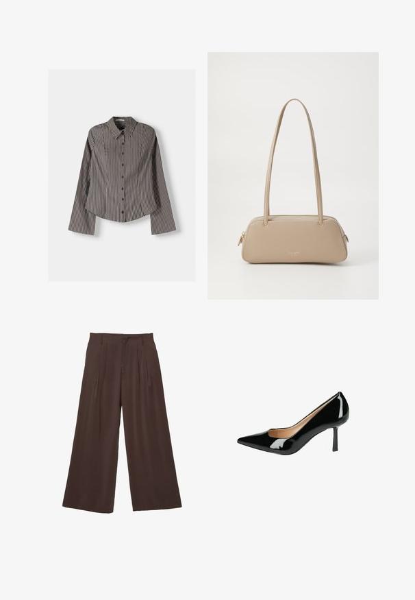 Pruhovaná košile na knoflíky hnědé a bílé barvy, s dlouhými rukávy, špičatým límcem a zakřiveným lemem. Texturovaná látka s vertikálními pruhy.; Široké kalhoty z tmavě hnědé látky, které mají dva přední sklady, hladkou texturu a jednoduchý design s poutky na opasek.; Černá lakovaná vysoká bota na podpatku s špičatou špičkou a zužujícím se stiletto podpatkem. Interiér je v nude barvě s hladkým povrchem.; Béžová kožená kabelka s hladkým povrchem, obdélníkovým tvarem, dvěma uchy a zlatými kovovými doplňky. Má zipové zavírání na jedné straně.