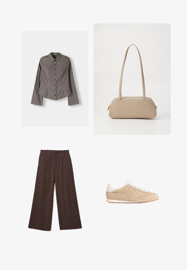 Pruhovaná košile na knoflíky hnědé a bílé barvy, s dlouhými rukávy, špičatým límcem a zakřiveným lemem. Texturovaná látka s vertikálními pruhy.; Široké kalhoty z tmavě hnědé látky, které mají dva přední sklady, hladkou texturu a jednoduchý design s poutky na opasek.; Stradivarius Tenisky - beige; Béžová kožená kabelka s hladkým povrchem, obdélníkovým tvarem, dvěma uchy a zlatými kovovými doplňky. Má zipové zavírání na jedné straně.
