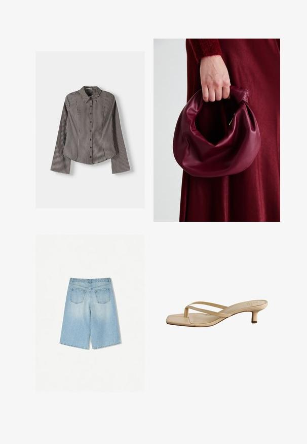 Prugasta srajca z gumbi v rjavi in beli barvi, z dolgimi rokavi, koničastim ovratnikom in ukrivljenim robom. Teksturovana tkanina z navpičnimi črtami.; Svetlo modri denim kratki hlače s sproščenim krojem, ki vključujejo dva zadnja žepa in ravno obliko nogavic. Čist rob in mehak material.; Bež sandali na peto s kvadratnim koncem. Narejeni iz gladkega materiala, z ozkimi trakovi in nizko blok peto.; Bordo usnjeni ročni torbici s mehak, nabrana zasnova in okrogla oblika. Ročaj je varen in prikazuje gladko teksturo.
