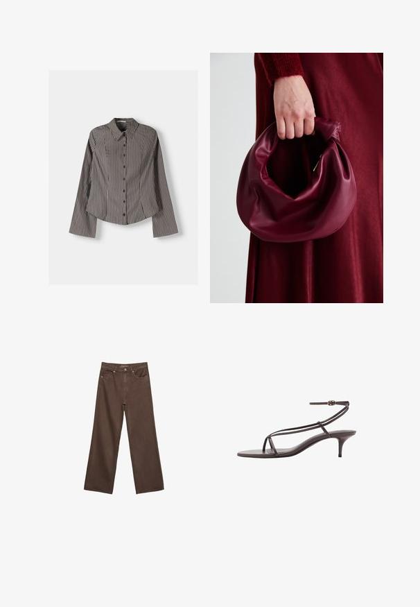 Gestreept overhemd in bruin en wit, met lange mouwen, een puntige kraag en een afgeronde zoom. Gestructureerde stof met verticale strepen.; Brede bruine spijkerbroek van denim, met een hoge taille, voorzakken en een klassieke knoopsluiting. Soepele textuur met subtiele stiksels.; Bruine leren sandalen met hakken, voorzien van dunne banden, een minimalistisch ontwerp, open neus en een slanke stilettohak. Inclusief een verstelbare enkelband.; Bordeaux leren handtas met een zacht, gegathered ontwerp en een ronde vorm. De handgreep is stevig bevestigd en toont een gladde textuur.