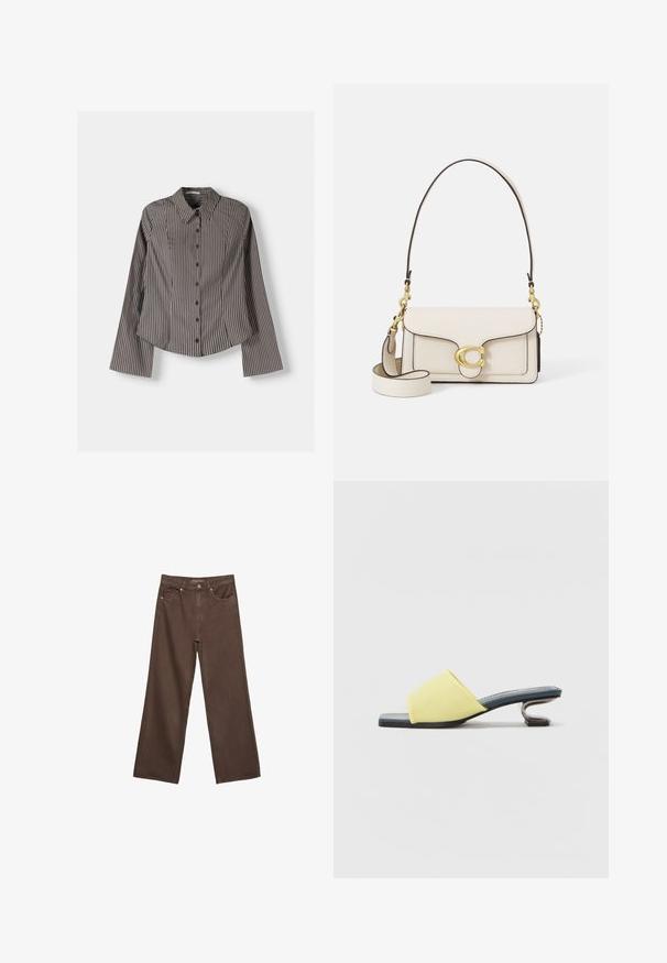 Pruhovaná košile na knoflíky hnědé a bílé barvy, s dlouhými rukávy, špičatým límcem a zakřiveným lemem. Texturovaná látka s vertikálními pruhy.; Hnědé džíny s širokými nohavicemi vyrobené z denimu, s vysokým pasem, předními kapsami a klasickým zapínáním na knoflík. Hladká textura s jemným švem.; Žluté semišové nazouvací boty s čtveratou špičkou a kovovým, zakřiveným podpatkem. Podrážka je černá a stélka má vzor.; Krémová kožená kabelka se strukturovaným designem, kontrastními černými okraji, zlatými kovovými prvky a odnímatelným popruhem s podpisovým logem.; Zlaté hodinky s kovovým páskem a kulatým černým ciferníkem, minimalistické indexy a stříbrná korunka; logo se nachází na pozici 12 hodin.