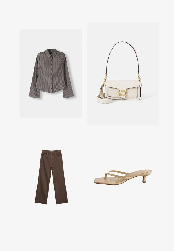 Stribet skjorte i brun og hvid med lange ærmer, spids krave og buet kant. Struktureret stof med lodrette striber.; Bredde ben brun denim jeans med høj talje, forlommer og klassisk knaplukning. Glat tekstur med diskret syninger.; Beige hælede sandaler med firkantet tådesign. Fremstillet af glat materiale, med tynde stropper og en lav blokhæl.; Creme læderhandtaske med en struktureret design, kontrasterende sorte kanter, guldbeslag og en aftagelig strop med et signaturlogo.