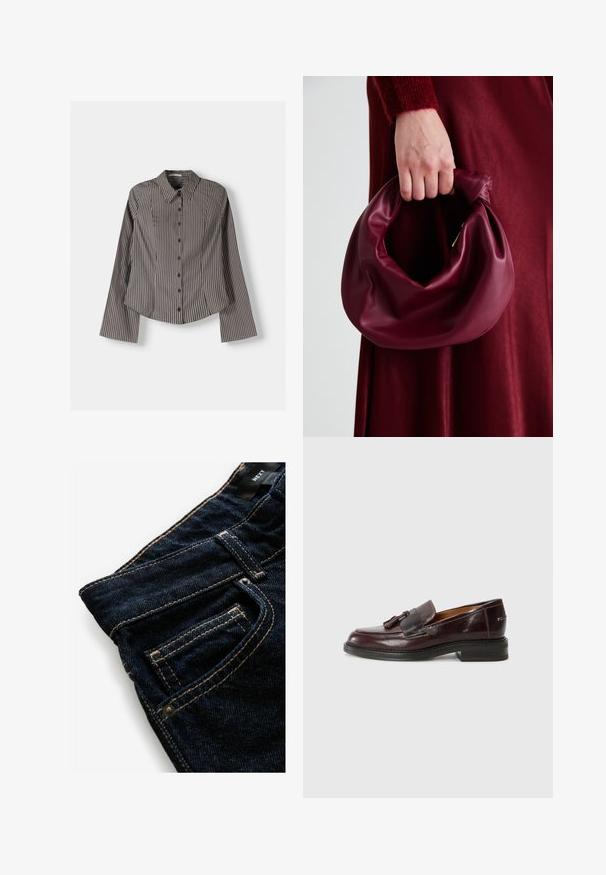 Striped button-up shirt in brown and white, featuring long sleeves, pointed collar, and curved hem. Textured fabric with vertical stripes.; Dark blue denim jeans with contrasting orange stitching, featuring a front pocket, rivet detail, and a smooth texture.; Brown leather loafers with a tassel accent, rounded toe, low block heel, and a textured sole. Smooth finish with subtle stitching details.; Burgundy leather handbag with a soft, gathered design and a rounded shape. The handle is secured, showcasing a smooth texture.; Gold mesh strap watch with a black round dial, minimalist indices, and a silver crown; features a logo at 12 o'clock position.
