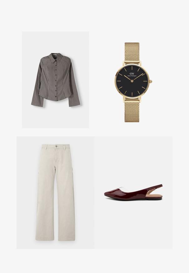 Cămașă cu dungi în nuanțe de maro și alb, având mâneci lungi, guler ascuțit și tiv curbat. Material texturat cu dungi verticale.; Pantaloni cargo bej cu un design drept și cu picioare largi, care prezintă buzunare laterale și închidere cu nasture, realizați dintr-un material de bumbac rezistent.; Balerini slingback din patent burgundy, cu vârf ascuțit, decupaj transparent și talpă plată neagră. Textură netedă, design minimalist.; Ceas cu brățară din plasă de aur, având un cadran rotund negru, indicatoare minimalistice și o crown argintie; prezintă un logo la poziția 12.