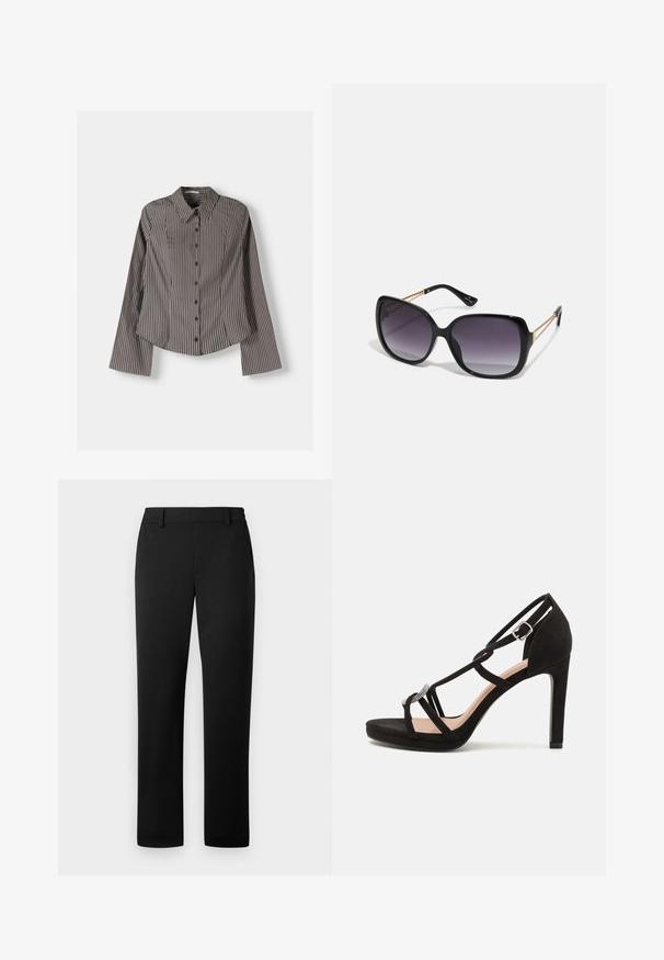 Pruhovaná košeľa s gombíkmi v hnedej a bielej farbe, so zapínaním na dlhé rukávy, špicatým golierom a zakriveným spodným lemom. Textúrovaná tkanina s vertikálnymi pruhmi.; Čierne nohavice so strihom rovného nohu, vyrobené z hladkej látky s upraveným pásom a prednými vreckami.; Čierne semišové sandále na vysokom podpätku s prekríženými pásikmi, dekoratívnym strieborným akcentom a platformou pre extra výšku.; Čierne oversized slnečné okuliare s gradientovými sklíčkami, hrubými rámami a zlatým retiazkovým detailom na stranách.; Strieborná metalická kabelka s uhlovým dizajnom obálky, hladkou textúrou a kontrastnou farbou vnútornku, držená v ruke obutou v čiernom kabáte.