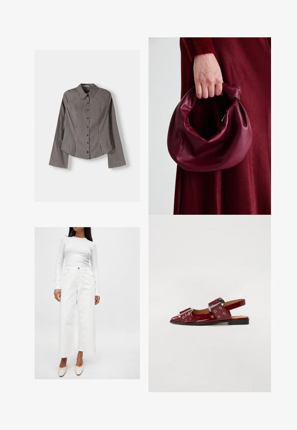Pasiasta koszula z długim rękawem w brązowo-białe paski, z punktowym kołnierzykiem i zaokrąglonym dołem. Teksturowana tkanina z pionowymi paskami.; Biała bluzka z długim rękawem o prążkowanej teksturze, połączona z białymi spodniami dżinsowymi z wysokim stanem i szerokimi nogawkami, które mają przednie kieszenie oraz detale w srebrnym kolorze.; Burgundowe lakierowane buty na obcasie z noskiem w szpic, z dwoma regulowanymi paskami z klamrami i srebrnymi akcentami.; Bordowa skórzana torebka o miękkim, marszczonym wyglądzie i zaokrąglonym kształcie. Uchwyt jest zabezpieczony, co podkreśla gładką fakturę.; Złoty zegarek na siateczkowym pasku z czarną okrągłą tarczą, minimalistycznymi indeksami i srebrną koroną; posiada logo na godz. 12.
