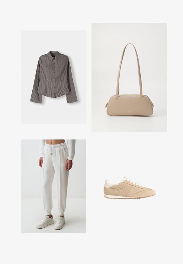 Pasiasta koszula z długim rękawem w brązowo-białe paski, z punktowym kołnierzykiem i zaokrąglonym dołem. Teksturowana tkanina z pionowymi paskami.; Białe spodnie dresowe z elastycznym pasem, detalem w postaci sznurka, bocznymi kieszeniami i zwężanymi nogawkami, w połączeniu z białymi trampkami.; Stradivarius - Sneakersy niskie; Beżowa skórzana torebka o gładkiej fakturze, prostokątnym kształcie, z dwiema rączkami i złotymi akcentami. Posiada zamek błyskawiczny z jednej strony.