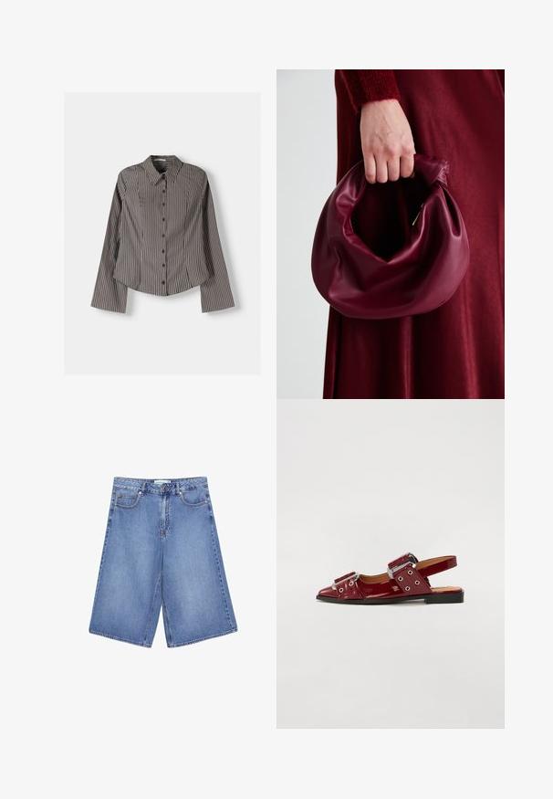 Raitapaita ruskeana ja valkoisena, jossa on pitkät hihat, terävä kaulus ja kaareva helma. Rakenteellinen kangas, jossa on pystyraidat.; Vaaleansiniset farkku culottes, joissa on leveät lahkeet, viisi taskua, nappikiinnitys ja hillitty haalistuminen.; Burgundy patent leather slingback-kengät, joissa on terävä kärki, kaksi säädettävää soljella varustettua hihnaa ja hopeanvärisiä yksityiskohtia.; Burgundy-nahkakäsilaukku, jossa on pehmeä, ryppyinen muotoilu ja pyöreä muoto. Kahva on kiinnitetty tukevasti, ja siinä on sileä pinta.; Kultainen verkko-ridekello mustalla pyöreällä kellotaululla, minimalistisilla indekseillä ja hopeisella kruunulla; kellotaulussa on logo kaksitoista.