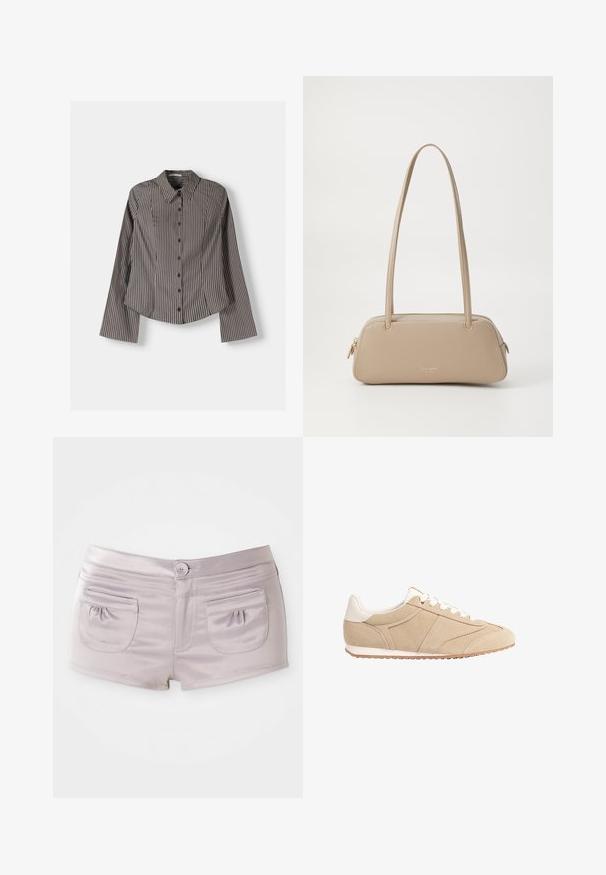 Prugasta srajca z gumbi v rjavi in beli barvi, z dolgimi rokavi, koničastim ovratnikom in ukrivljenim robom. Teksturovana tkanina z navpičnimi črtami.; Svetlo vijolične kratke hlače iz gladkega, sijočega materiala, z dvema žepoma na zadnji strani in sprednjim zapiranjem na gumb ter ravnim pasom.; Stradivarius Športni copati - beige; Bežna usnjena torbica z gladko teksturo, pravokotno obliko, dvema ročkama in zlatim okovjem. Ima zadrgo na eni strani.