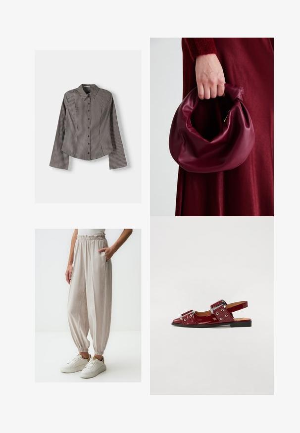 Gestreept overhemd in bruin en wit, met lange mouwen, een puntige kraag en een afgeronde zoom. Gestructureerde stof met verticale strepen.; Lichtbeige, losvallende broek met een gegatherde taille en elastische manchetten, voorzien van zijzakken en een soepele textuur, gecombineerd met witte sneakers.; Bordeaux glanzend leren slingback-schoenen met een spitse neus, voorzien van twee verstelbare gespsluitingen en accenten van zilverhardware.; Bordeaux leren handtas met een zacht, gegathered ontwerp en een ronde vorm. De handgreep is stevig bevestigd en toont een gladde textuur.; Gouden mesh horloge met een zwarte ronde wijzerplaat, minimalistische indexen en een zilveren kroon; heeft een logo op de positie van 12 uur.