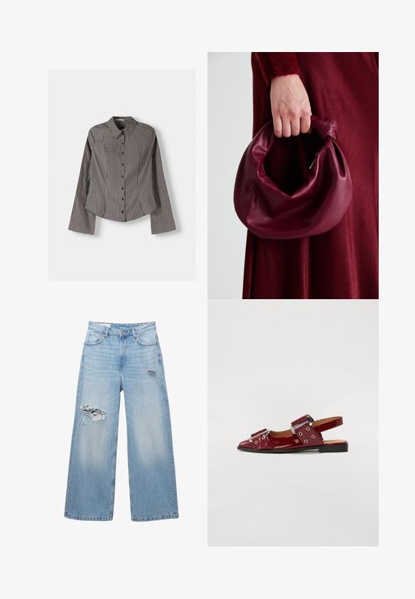 Pruhovaná košeľa s gombíkmi v hnedej a bielej farbe, so zapínaním na dlhé rukávy, špicatým golierom a zakriveným spodným lemom. Textúrovaná tkanina s vertikálnymi pruhmi.; Svetlomodré široké džínsy vyrobené z denimu, s vypálenými miestami na kolenách a dizajnom s piatimi vreckami. Čistý, priamy lem.; Burgundské lakované sandále s špičatou špičkou, ktoré majú dva nastaviteľné pracky a akcenty zo strieborného kovu.; Burgundská kožená kabelka s mäkkým, zhromaždeným dizajnom a zaobleným tvarom. Rukoväť je pevne zaisťujúca a vystavuje hladkú textúru.; Zlaté hodinky na mrežovom remienku s čiernym okrúhlym ciferníkom, minimalistickými indexmi a striebornou korunou; obsahujú logo na pozícii 12 hodín.
