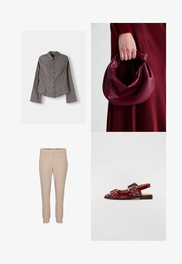 Prugasta košulja na dugih rukava u smeđoj i bijeloj boji, s oštrim kragnom i zakrivljenim rubom. Tekstuirana tkanina s vertikalnim prugama.; Bež hlače krojene s uskim rezom, s bočnim džepovima i patentnim zatvaračem na rubu, izrađene od glatkog, laganog materijala.; Burgundske cipele od patenta sa otvorenom petom i špicastim vrhom, s dva podesiva remena sa kopčama i srebrnim detaljima.; Bordo kožni ruksač s mekim, naboranim dizajnom i zaobljenim oblikom. Ručka je sigurno pričvršćena, pokazujući glatku teksturu.