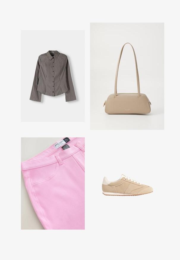 Prugasta srajca z gumbi v rjavi in beli barvi, z dolgimi rokavi, koničastim ovratnikom in ukrivljenim robom. Teksturovana tkanina z navpičnimi črtami.; Kratke roza pajkice iz džersija z gladko teksturo, standardnim pasom in stranskimi žepi. Oznaka označuje velikost in blagovno znamko.; Stradivarius Športni copati - beige; Bežna usnjena torbica z gladko teksturo, pravokotno obliko, dvema ročkama in zlatim okovjem. Ima zadrgo na eni strani.