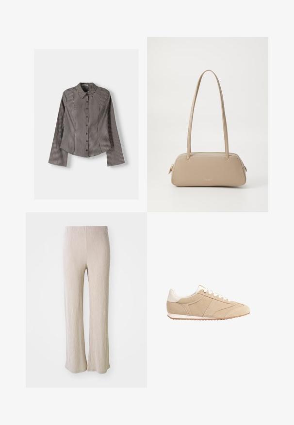 Pruhovaná košeľa s gombíkmi v hnedej a bielej farbe, so zapínaním na dlhé rukávy, špicatým golierom a zakriveným spodným lemom. Textúrovaná tkanina s vertikálnymi pruhmi.; Bežové nohavice s širokými nohavicami vyrobené z textúrovanej tkaniny s vertikálnymi pruhmi. Majú elastický pás a voľný strih po celej dĺžke nohavíc.; Stradivarius Tenisky - beige; Beige kožená kabelka s hladkou textúrou, obdĺžnikovým tvarom, dvomi uchami a zlatým kovovým doplnkom. Na jednej strane sa nachádza zipsové uzavretie.