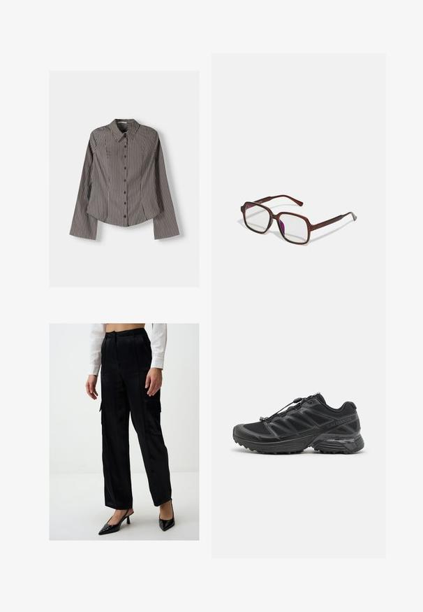 Pasiasta koszula z długim rękawem w brązowo-białe paski, z punktowym kołnierzykiem i zaokrąglonym dołem. Teksturowana tkanina z pionowymi paskami.; Czarne satynowe spodnie cargo o luźnym fasonie, z bocznymi kieszeniami i gładką fakturą. W zestawie z czarnymi czółenkami na odkrytej pięcie w szpic.; Czarny but biegowy z siateczkowym i syntetycznym wierzchem, elastyczną podeszwą oraz elastycznymi sznurówkami. Oferuje amortyzującą podeszwę środkową dla komfortu.; Brązowe, prostokątne okulary z przezroczystymi soczewkami i fioletowymi odcieniami. Gładka plastikowa oprawka z prostymi zausznikami i subtelnymi detalami.; Czarna skórzana torba na ramię o gładkiej fakturze, zaokrąglonym wierzchu i pojedynczym pasku. Posiada zamek błyskawiczny i minimalistyczny design.