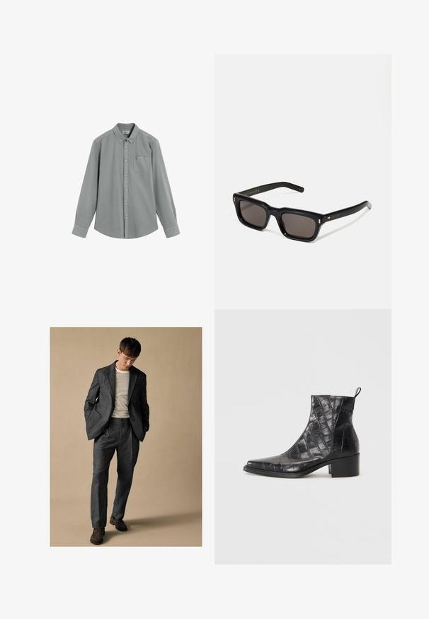 Pánská košile s dlouhým rukávem, šedá, s náprsní kapsou a límcem na knoflíky, položená na bílem pozadí.; Šedý oblek na míru s klopami a předními kapsami, spárovaný se pruhovanou košilí. Kalhoty mají uvolněný střih a záhyb. Hnědé boty.; Černé kotníkové boty vyrobené z texturované umělé kůže s krokodýlím vzorem, s čtveratou špičkou a blokovým podpatkem.; Černé obdélníkové sluneční brýle s tmavými skly, silným plastovým rámem, zlatými akcenty na spáncích a vyrytým logem značky na nožičce.