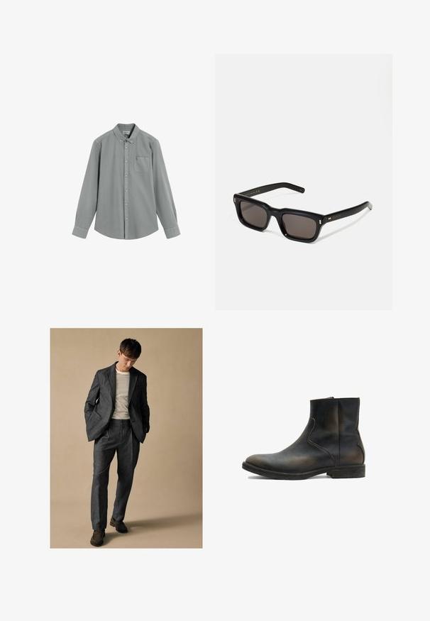 Langärmliges, graues Hemd mit Knopfleiste und Brusttasche, flach auf einem weißen Hintergrund ausgebreitet.; Grauer maßgeschneiderter Anzug mit Schalkragen und Fronttaschen, kombiniert mit einem gestreiften Hemd. Die Hose hat eine lockere Passform und Faltendetails. Braune Schuhe.; AllSaints LANG - Stiefelette - brown; Schwarze rechteckige Sonnenbrille mit dunklen Gläsern, dickem Kunststoffrahmen, goldenen Akzenten an den Bügeln und eingraviertem Markenlogo am Arm.
