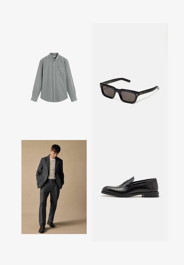 Szara koszula z długim rękawem, zapinana na guziki, z kieszenią na piersi i kołnierzykiem zapinanym na guziki, rozłożona na białym tle.; Szary dobrze dopasowany garnitur z klapami w kształcie notcha i przednimi kieszeniami, zestawiony z koszulą w paski. Spodnie mają luźny krój i detal w postaci zakładki. Brązowe buty.; Czarne skórzane mokasyny o gładkiej fakturze, zaokrąglonym nosku i dekoracyjnym pasku na przodzie. Niski, warstwowy obcas, minimalistyczny design.; Czarne prostokątne okulary przeciwsłoneczne z ciemnymi soczewkami, grubą plastikową oprawą, złotymi akcentami na zausznikach oraz wygrawerowanym logo marki na ramieniu.