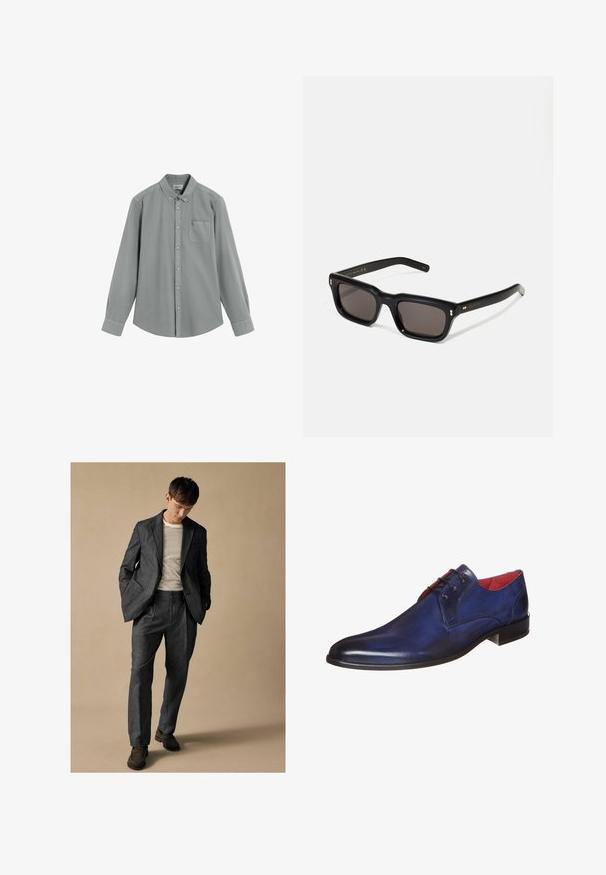 Camicia grigia a maniche lunghe, con taschino sul petto e colletto button-down, adagiata su uno sfondo bianco.; Completo grigio su misura con rever a scollo e tasche frontali, abbinato a una camicia a righe. I pantaloni hanno una vestibilità comoda e dettagli delle pieghe. Scarpe marroni.; Scarpa in pelle blu con finitura lucida, punta tonda e rivestimento interno rosso. Presenta allacciatura frontale e tacco basso e quadrato.; Occhiali da sole neri rettangolari con lenti scure, montatura spessa in plastica, dettagli dorati sulle tempie e logo del marchio inciso sull'asta.