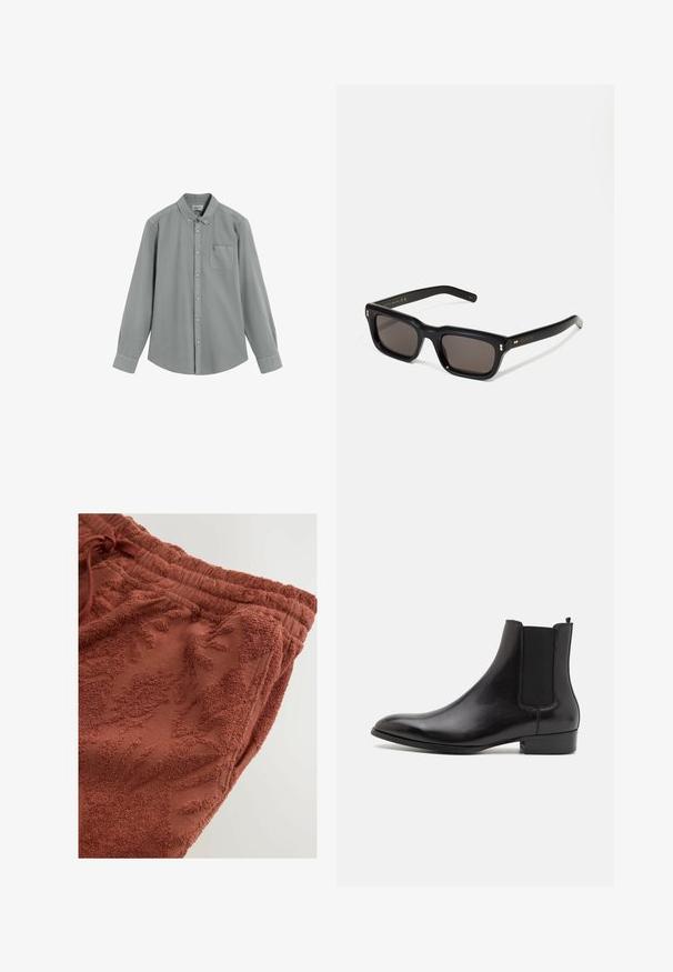 Chemise grise à manches longues avec poche poitrine et col boutonné, étalée à plat sur un fond blanc.; Pantalons de survêtement en terracotta avec un motif floral texturé, ceinture élastique avec cordon de serrage et tissu doux et moelleux pour le confort.; ALDO BERT - Bottines - black; Lunettes de soleil noires rectangulaires avec des verres foncés, monture en plastique épais, accents dorés sur les branches et logo de la marque gravé sur le bras.