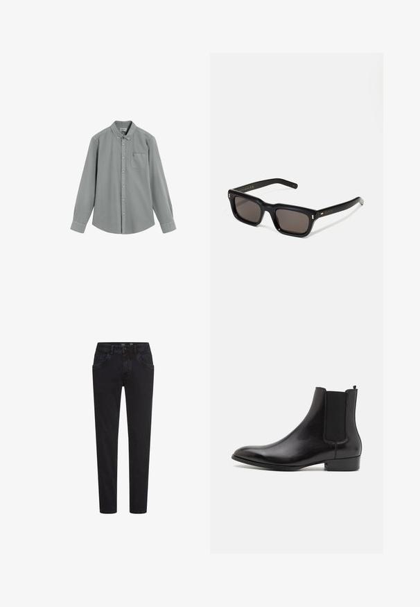 Grijs overhemd met lange mouwen, knoopsluiting en borstzak, plat neergelegd op een witte achtergrond.; Zwarte spijkerbroek van denim met een slim fit, voorzien van voorzakken, een ritssluiting en een gladde textuur. Klassiek vijfzakkenontwerp, veelzijdig voor casual draag.; ALDO BERT - Lage laarzen - black; Zwarte rechthoekige zonnebril met donkere lenzen, een dik plastic montuur, gouden accenten op de veren en het merkembleem gegraveerd op de arm.