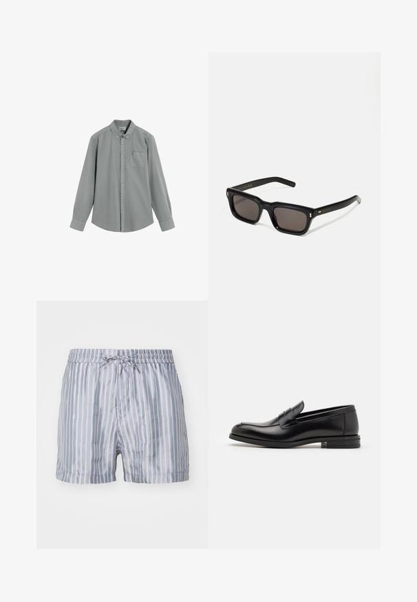 Harmaa pitkähihaisen nappipaidan, jossa on rintatasku ja napitettava kaulus, joka on aseteltu litteäksi valkoiselle taustalle.; Raidat uimalaitteet vaaleansinisinä ja valkoisina, joissa on joustava vyötärö, nauha ja sileä, kevyt kangas.; Mustat nahkakengät, joissa on sileä pinta, pyöreä kärki ja koristeellinen nauha jalkapöydän yli. Matala pinoitu koroke, minimalistinen muotoilu.; Mustat suorakulmaiset aurinkolasit tummilla linsseillä, paksu muovikehys, kultaiset korostukset temppeleissä ja brändin logo kaiverrettuna varteen.