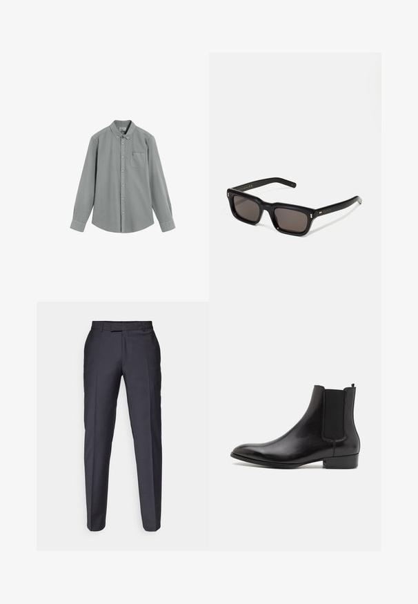 Grijs overhemd met lange mouwen, knoopsluiting en borstzak, plat neergelegd op een witte achtergrond.; Donkergrijze op maat gemaakte broek met een rechte pijp. Heeft een gladde textuur en voorplooien. Geen zichtbare merknaam of versieringen.; ALDO BERT - Lage laarzen - black; Zwarte rechthoekige zonnebril met donkere lenzen, een dik plastic montuur, gouden accenten op de veren en het merkembleem gegraveerd op de arm.