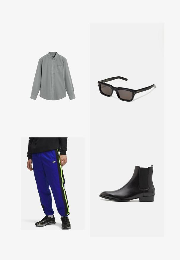 Langærmet grå skjorte med knapper, brystlomme og knap-nede krave, lagt fladt på en hvid baggrund.; Blå nylon trackbukser med sorte og neongrønne sidelister; indeholder et broderet logo nær taljen; elastisk talje og manchetter.; ALDO BERT - Støvletter - black; Sorte rektangulære solbriller med mørke glas, tyk plastisk ramme, guldtryk på stængerne og brandlogo indgraveret på armen.