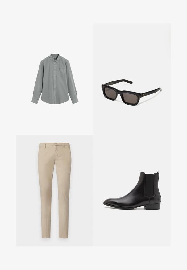 Camicia grigia a maniche lunghe, con taschino sul petto e colletto button-down, adagiata su uno sfondo bianco.; Chino beige in cotone. Design slim fit con gamba dritta, dotato di passanti per cintura e texture liscia. Nessun motivo o accento visibile.; ALDO BERT - Stivaletti - black; Occhiali da sole neri rettangolari con lenti scure, montatura spessa in plastica, dettagli dorati sulle tempie e logo del marchio inciso sull'asta.