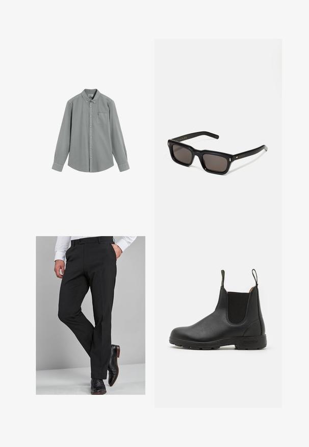 Long-sleeve gray button-up shirt with chest pocket and button-down collar, laid flat on a white background.; Black dress pants with a tailored fit, featuring a smooth texture, straight legs, and belt loops, paired with polished black dress shoes.; Black leather Chelsea boot with elastic side panels, pull tab, rugged rubber sole, and stitched detailing. Smooth texture throughout.; Black rectangular sunglasses with dark lenses, thick plastic frame, gold accents on temples, and brand logo engraved on the arm.; Emporio Armani Chronograph watch - silver-coloured