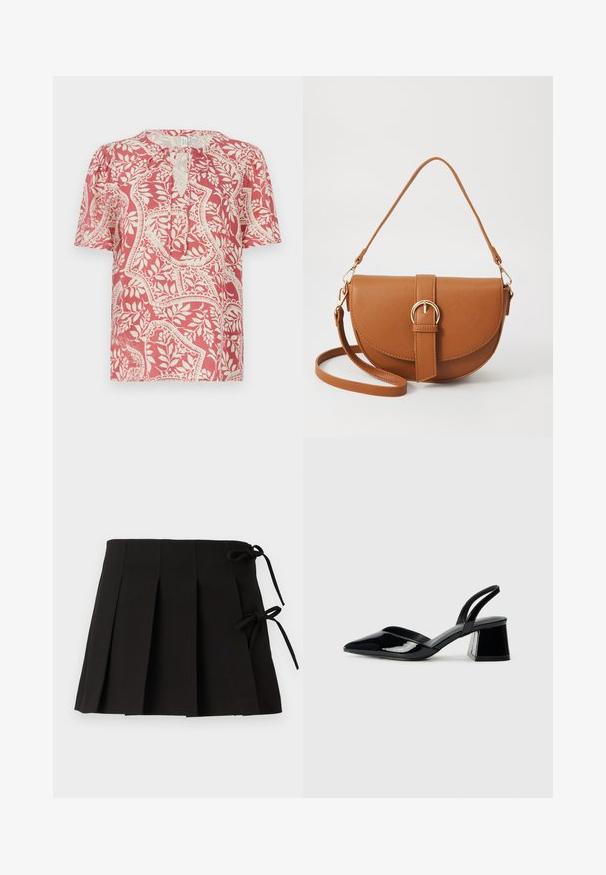 Kortermet bluse i lys rød med kremfarget blomster- og geometrisk mønster, med en nøkkelhull-utsnitt og mykt, lett stoff.; Svart plisserte skjørt med sidesnøring, laget av stoff med en glatt tekstur; har en strukturell design og rene linjer.; Svarte patentlær slingback hæler med spiss tå og geometrisk blokk hæl. Har et stilrent, minimalistisk design og jevn tekstur.; Brun lærcrossbody-veske med en buet form, gullhardware og et spenneakcent. Har en avtakbar skulderreim.