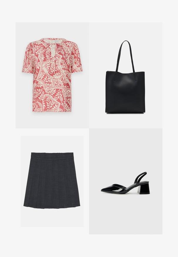 Blúzka s krátkym rukávom v svetlej červenej farbe s krémovým kvetinovým a geometrickým vzorom, s výstrihom v tvare kľúčovej dierky a jemnou, ľahkou tkaninou.; Tmavošedá skladaná sukňa s elastickým pásom, s textúrovanou tkaninou a klasickým A-línkovým strihom. Vhodná na neformálne nosenie.; Čierne lakované kožené sandálové podpätky s špicatou špičkou a geometrickým blokovým podpätkom. Disponujú elegantným, minimalistickým dizajnom a hladkým povrchom.; Čierna kožená taška na rameno s hladkým povrchom, obdĺžnikovým tvarom a dvoma dlhými uchami. Bez viditeľného kovania alebo ozdôb.