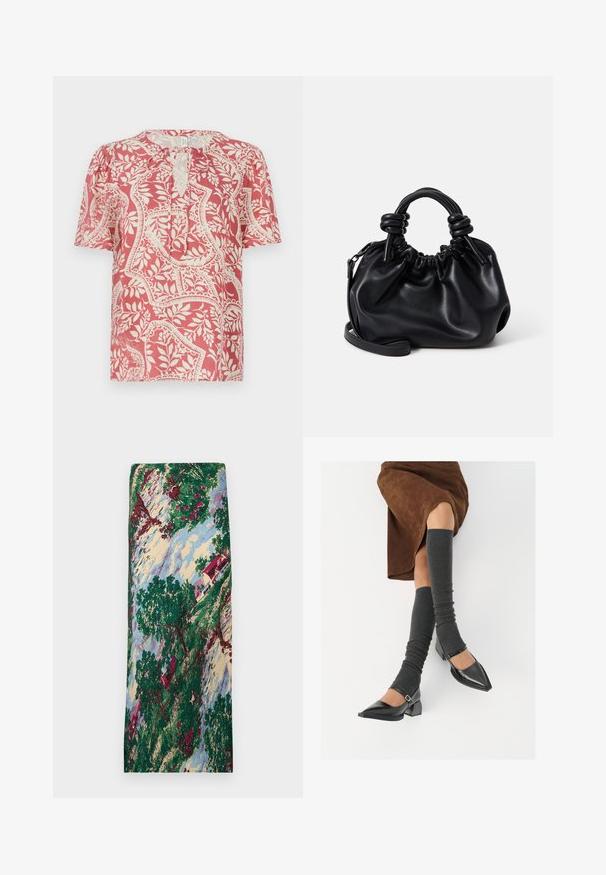 Short-sleeve blouse in light red with cream floral and geometric pattern, featuring a keyhole neckline and soft, lightweight fabric.; Patterned fabric featuring a landscape scene with green trees, red flowers, a red-roofed house, and a blue sky. Smooth texture.; Black patent leather pointed-toe shoes with a block heel and ankle strap, paired with gray ribbed leg warmers and a brown suede skirt.; Black leather handbag with a gathered design, short rounded handles, and a detachable shoulder strap. Smooth texture with a soft silhouette.