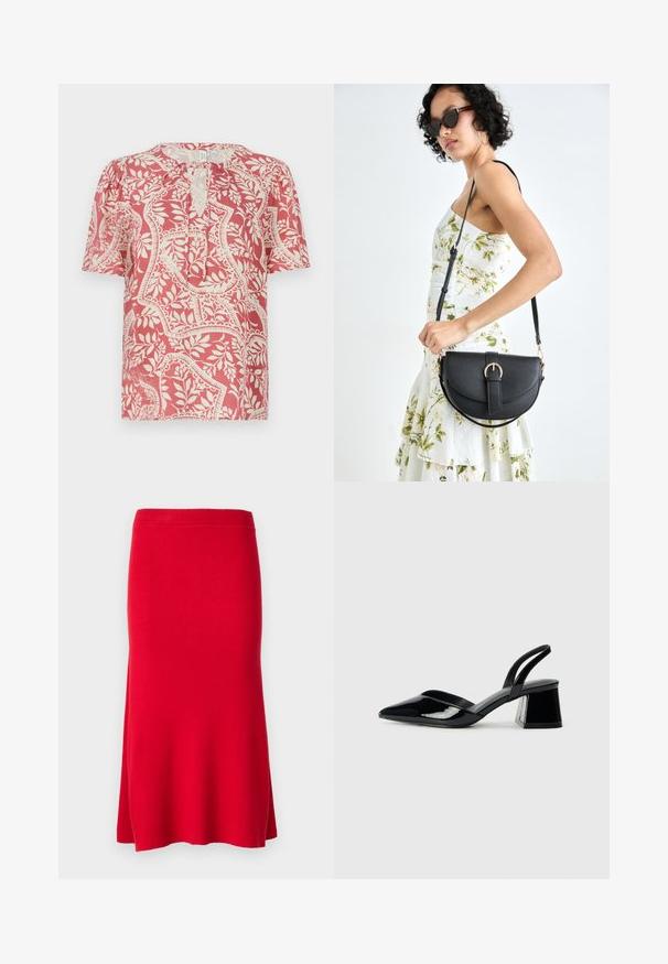 Rövid ujjú blúz világos piros színben, krémszínű virágos és geometrikus mintázattal, kulcslyuk kivágással és lágy, könnyű anyaggal.; Piros bordás kötött szoknya, amelynek elasztikus derékrésze és fodros szegélye van. Sima textúrájú, lágy megjelenésű. Nincsenek látható minták vagy fémrészek.; Fekete lakk bőr szandálkés magas sarkú cipő, hegyes orral és geometrikus tömbsarkakkal. Karcsú, minimalista dizájn és sima textúra jellemzi.; Fekete bőrtáska ívelt formával, levehető pánttal és arany színű fémrészekkel. A táskán egy csattal díszített fedél található.