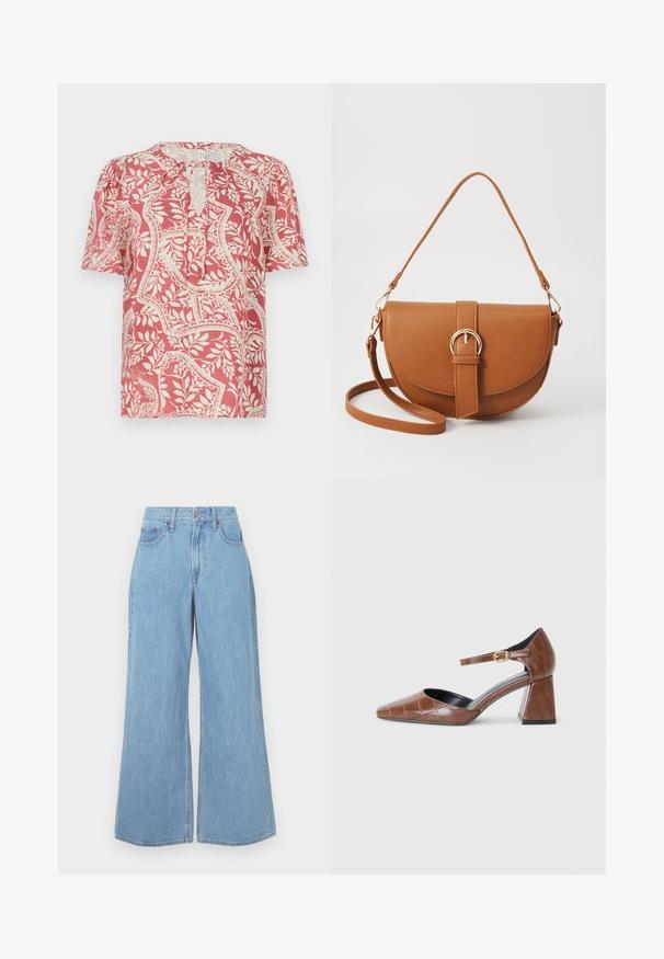 Šviesiai raudona trumpomis rankovėmis bliuska su kremine gėlių ir geometrine raštais, turinti rakto skylutės iškirptę ir minkštą, lengvą audinį.; Šviesiai mėlynos plačių kojų džinsai, pagaminti iš džinsinio audinio, su aukštu liemeniu, priekinėmis kišenėmis ir nelygiu apvadu, su švelniu išblukimu ir tekstūruotu paviršiumi.; Rudos patentinės odos bateliai su kvadratiniu pirštu, tekstūruotu krokodilo raštu, kulkšnies dirželiu su auksine sagtimi ir storu kulnu.; Ruda odinė kryžminė rankinė, turinti kreivą formą, auksinius metalinius elementus ir sagtį. Yra nuimama petneša.