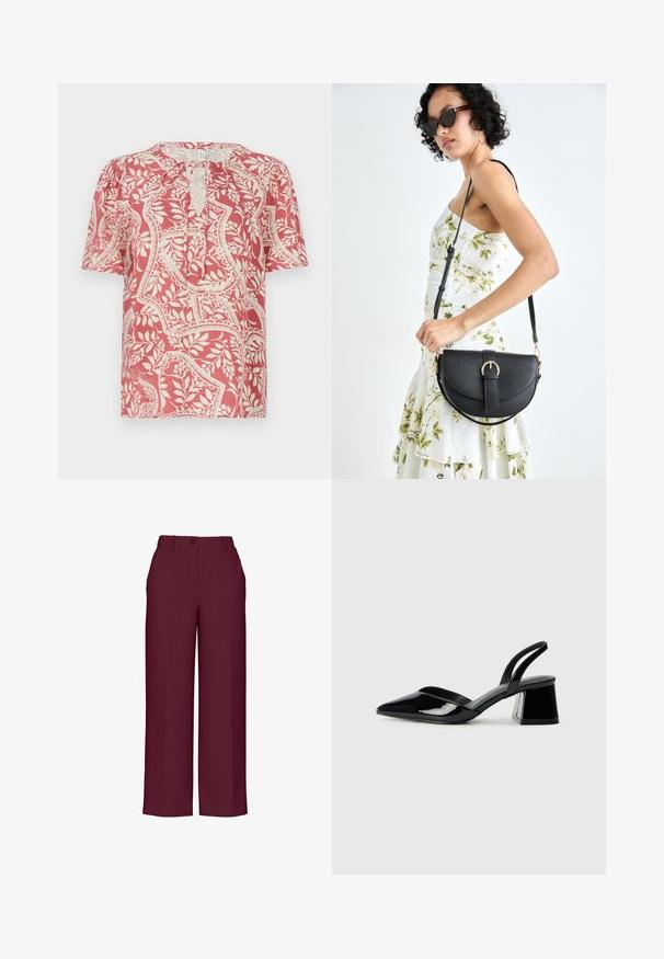 Kortermet bluse i lys rød med kremfarget blomster- og geometrisk mønster, med en nøkkelhull-utsnitt og mykt, lett stoff.; Bordeaux vide bukser lavet af tekstureret stof, med knaplukning foran og klassisk design. Ingen yderligere lommer eller udsmykninger.; Svarte patentlær slingback hæler med spiss tå og geometrisk blokk hæl. Har et stilrent, minimalistisk design og jevn tekstur.; Svart lærveske med en buet form, avtagbar stropp og gullbeslag. Vesken har et klaff med spenne-detall.