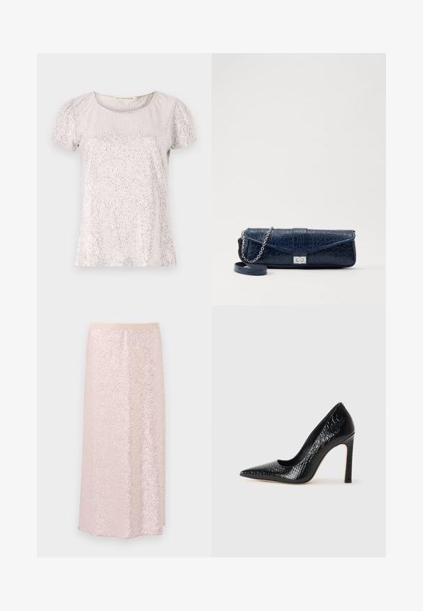 Šviesiai béžinė trumpųjų rankovių maikutė su tekstūruotu paviršiumi, papuošta blizgučiais, su apvaliu iškirpimu ir raukinių rankovėmis.; Rožinė blizgučių sijonas su lygiu juosmeniu, turintis tekstūruotą paviršių ir kelio ilgio A formos dizainą. Atspindintys blizgučiai sukuria žvilgantį efektą.; Juoda smailiakulnė aukšto kulno bateliai su krokodilo odos tekstūra, pasižymintys elegantišku dizainu, aukštu stiletu kulnu ir lygia juoda vidine dalimi.; Tamsiai mėlynas odinis rankinukas su krokodilo raštu, sidabro spalvos grandinėlė ir metalinis užsegimas. Stačiakampio formos, užlenkiamas dizainas.