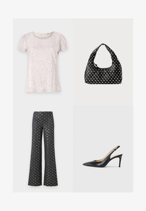 Šviesiai béžinė trumpųjų rankovių maikutė su tekstūruotu paviršiumi, papuošta blizgučiais, su apvaliu iškirpimu ir raukinių rankovėmis.; Juodos plačios kelnės su blizgančia tekstūra ir sidabro akcentais, suformuojančiomis raštuotą išvaizdą visame audinyje.; Juodos odinės slingback aukštakulnės bateliai su smailiu nosiu, reguliuojama juosta ir elegantišku stiletto kulnu, pasižymintys lygia apdaila.; Juodas odinis rankinis krepšys su kreiviu rankena, dekoruotas metaliniais studais, tolygiai išdėstytais paviršiuje. Uždarymas užtrauktuku.