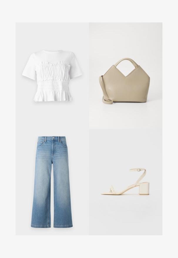 Bijela kratka majica s rukavima, s volanima i smockanom bustierom te lepršavim rubom, prikazuje teksturirani dizajn i jednobojnu boju.; Svijetloplavi traper široke hlače s visokim strukom, dizajnom s pet džepova, vidljivim šavovima i kopčanjem na gumbe sprijeda.; Bež sandale na blok petu od glatkog materijala, s tankim remenom oko gležnja i remenom za prste ukrašenim biserima. Ravna potplat.; Bež torba sa strukturom i V-oblikovanim vrhom, napravljena od glatke kože, sa kratkim drškama i dugim podesivim remenom. Minimalistički dizajn.
