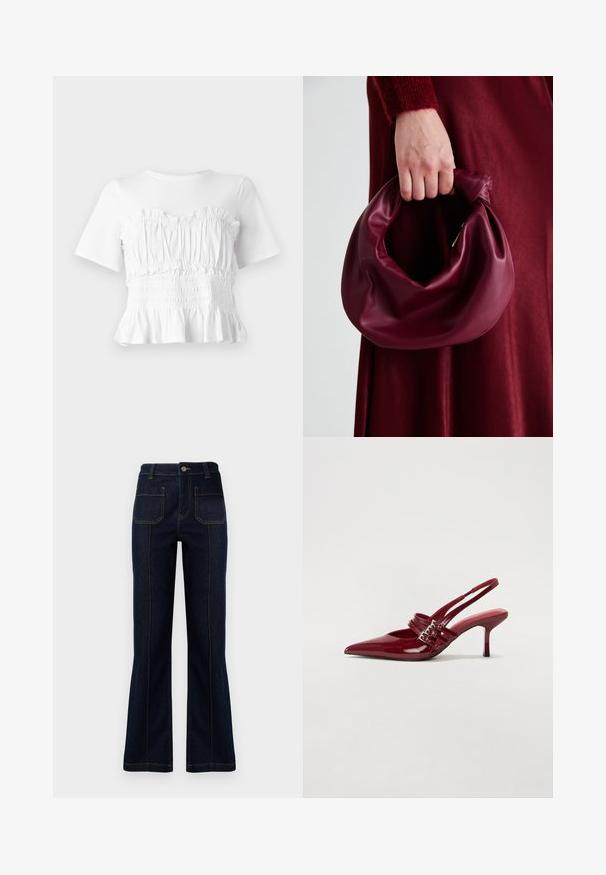 Hvid kortærmet top med en rynket, smocket bodice og en udskåret kant, der viser et tekstureret design og en ensfarvet farve.; Mørkeblå, flagrende jeans lavet af denim, med høj talje, to baglommer og synlig syning langs sømmene.; Røde patenteret læder slingback hæle med spids tå, to spændebånd og en slank, mellemhøj stiletto hæl. Glat tekstur.; Bordeaux læderhåndtaske med et blødt, samlet design og en rund form. Håndtaget er sikret og viser en glat tekstur.