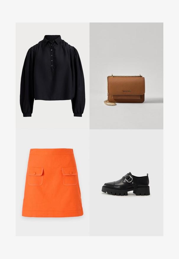 Černý zkrácený top z měkké látky, s knoflíkovou légou, vysokým límcem a nafouklými dlouhými rukávy s přiléhavými manžetami.; Oranžová bavlněná sukně s dvěma předními kapsami, knoflíkovými uzávěry a kontrastním bílým prošíváním. Sukně ve tvaru A s definovaným pasem.; Černé kožené boty s robustní ribkovanou podešví, zdobené kruhovým stříbrným kovovým prvkem a minimálním švem.; Hnědá texturovaná kožená kabelka přes rameno se zlatým řetízkovým popruhem a klopnovým uzavíráním. Přední strana obsahuje detail loga a kapsu pod klopou.
