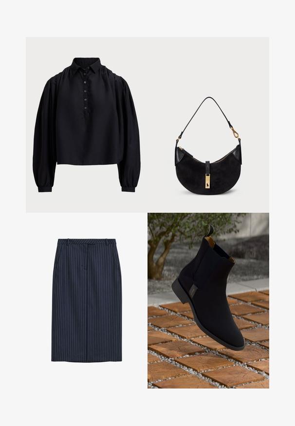 Schwarzes, kurzes Shirt aus weichem Stoff, mit einer geknöpften Leiste, hohem Kragen und puffierten langen Ärmeln mit enganliegenden Bündchen.; Marineblaue Nadelstreifen-Bleistiftrock mit geradem Schnitt, Fronttaschen, einem Bund und einer glatten Textur. Keine sichtbaren Verschlüsse oder Schließungen.; Schwarze Leder-Stiefelette mit glatter Oberfläche, gelb gefüttertem Innenbereich und einer Zuglasche; vor einer strukturierten Holz- und Kiesfläche.; Schwarze Handtasche mit geschwungener Form, aus Wildleder und Leder gefertigt, mit einem Reißverschluss in Goldtönen und einem Logo-Detail. Enthält einen kurzen Griff.