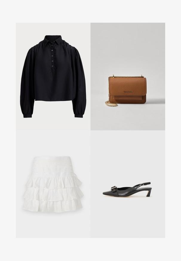Fekete, rövidre szabott ing puha anyagból, gombos légnyílással, magas gallérral és puffos, hosszú ujjakkal, amelyek szűk mandzsettával záródnak.; sandro JUPE - Miniszoknya - blanc; Fekete bőr szandál kis sarkú, hegyes orral, díszes csattal a felsőrészen. Simább textúra, minimalista design.; Barna textúrájú bőr keresztbody táska arany lánc pánttal és fedélzárral. Az elején logó részlet és egy zseb található a fedél alatt.